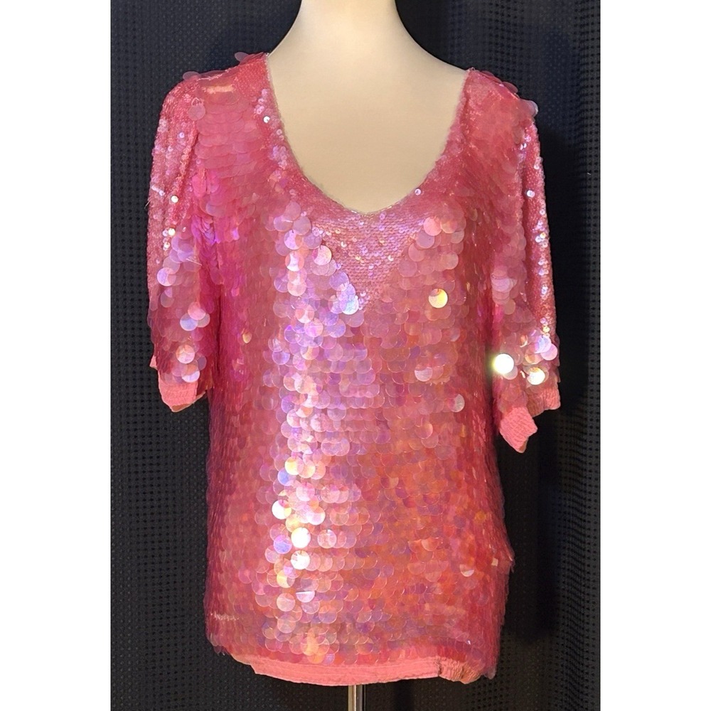 VTG Stunning Oleg Cassini Hot Pink Paillette Sequined Short Sleeved Blouse M